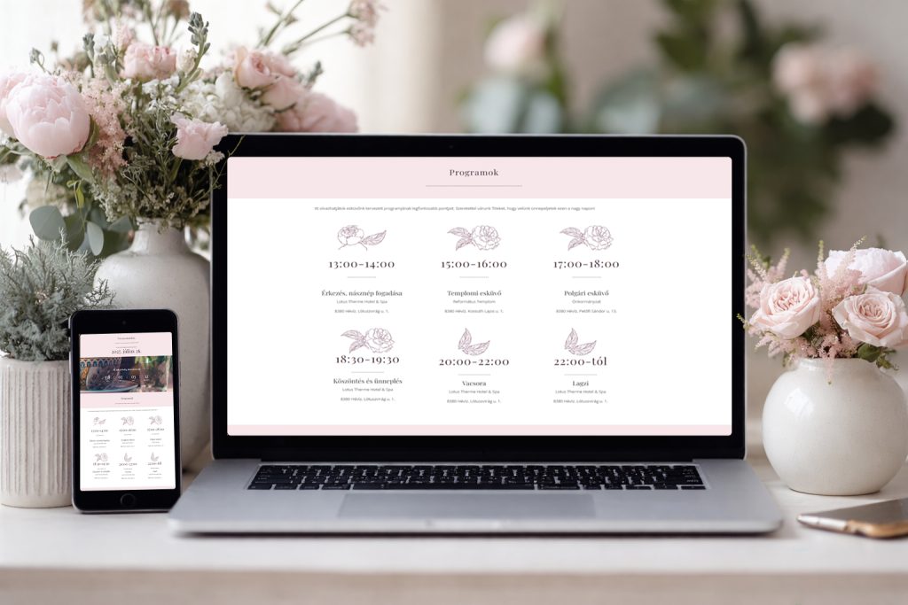 Egy mobiltelefon és laptop kijelzőjén a Spring stílusú esküvői weboldal Programok szekciója látható
