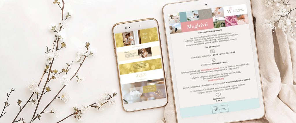 A képen egy mobiltelefonon látható esküvői weboldalt és egy tableten megjelenített online meghívót láthatunk