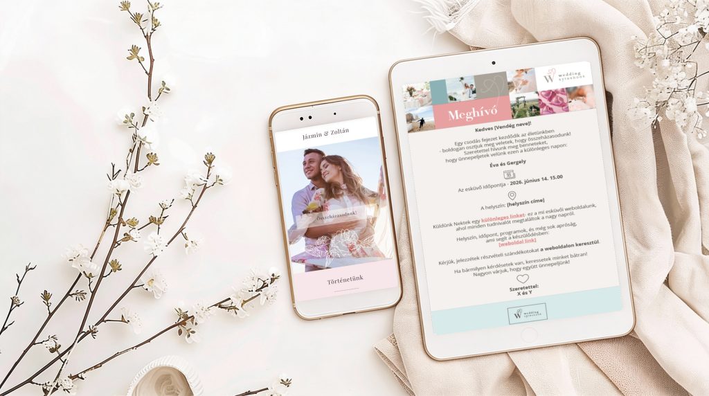 A képen egy mobiltelefonon látható esküvői weboldalt és egy tableten megjelenített online meghívót láthatunk